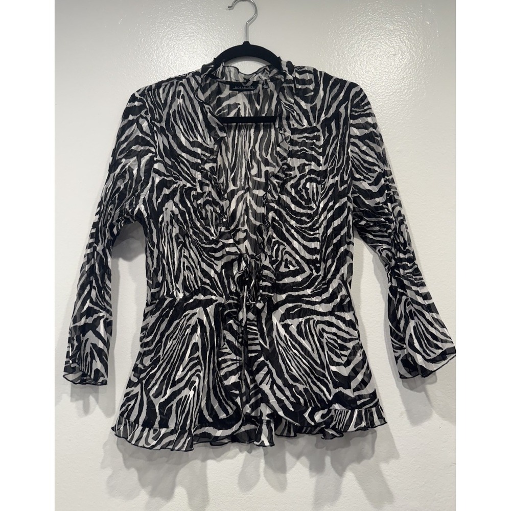 Notations 90s Y2K Look Sheer Zebra Print Babydoll Top Tie Front XL Crinkle Boho